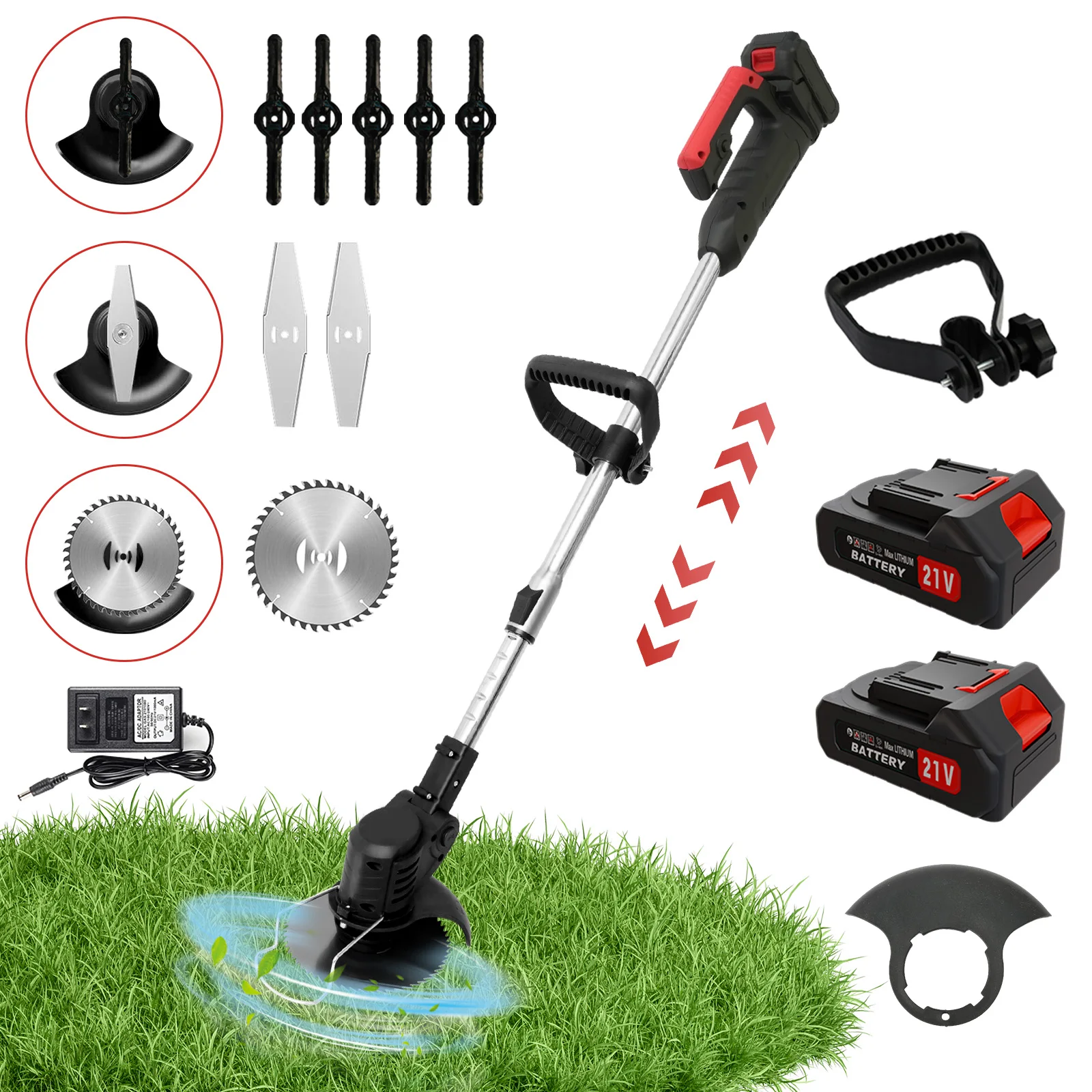 3-in-1 Grass Trimmer U-Handle 21V Weed Whacker Lawn Mowers 31.50-48.03 Inches Telescopic with 3 Blades 2 Batteries & Charger for Yard Garden Lawn & Shrub Trimming
