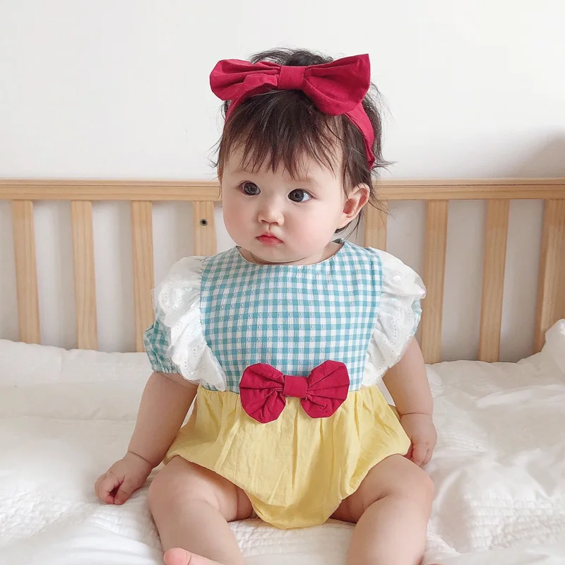 2Pcs Summer Newborn Romper Cute Princess Jumpsuit with Bows Headband Baby Girl Clothing Korean One-Pieces Onesie Infant Costume