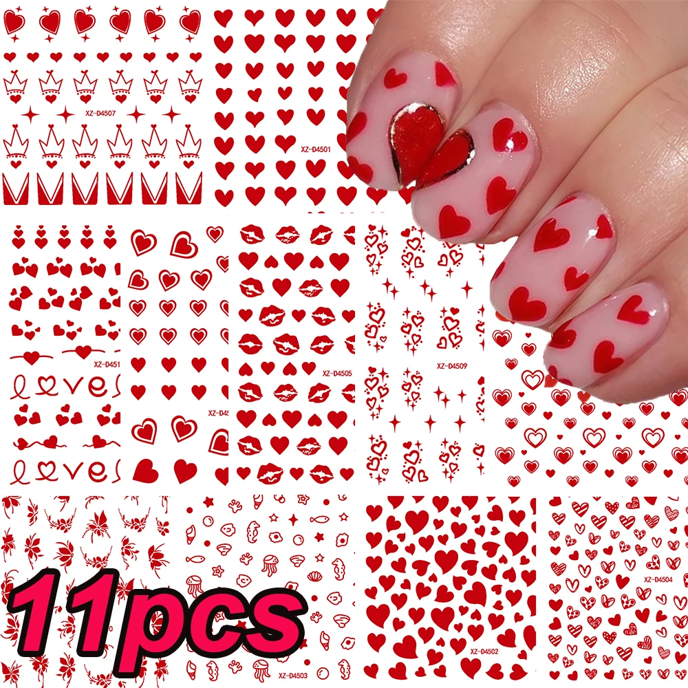 11/12pcs Red Love-Heart Valentine's Day Nail Stickers Sexy Red Lips Heartbeat Kiss Hollow Heart Nail Decals Y2K Manicure Sliders