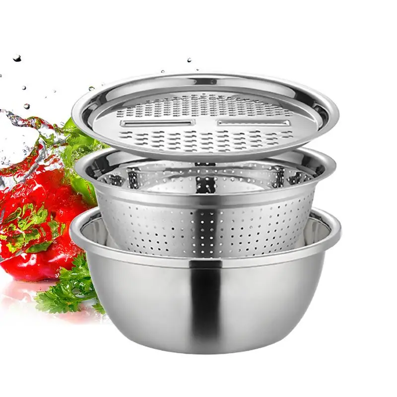 Multifunctional Stainless Steel Basin 3 In 1 Colanders Basin Mixing Bowl Set Salad Maker Bowl Stainless Steel Rice Colander Bask