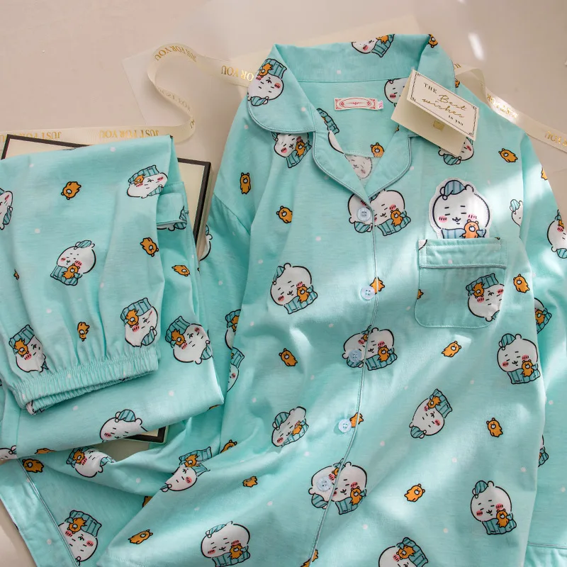 

Cute Chiikawas New Pajamas Autumn Long-sleeved Trousers Suit Cartoon Print Girls Casual Lapels Can Be Worn Outside Home Clothes