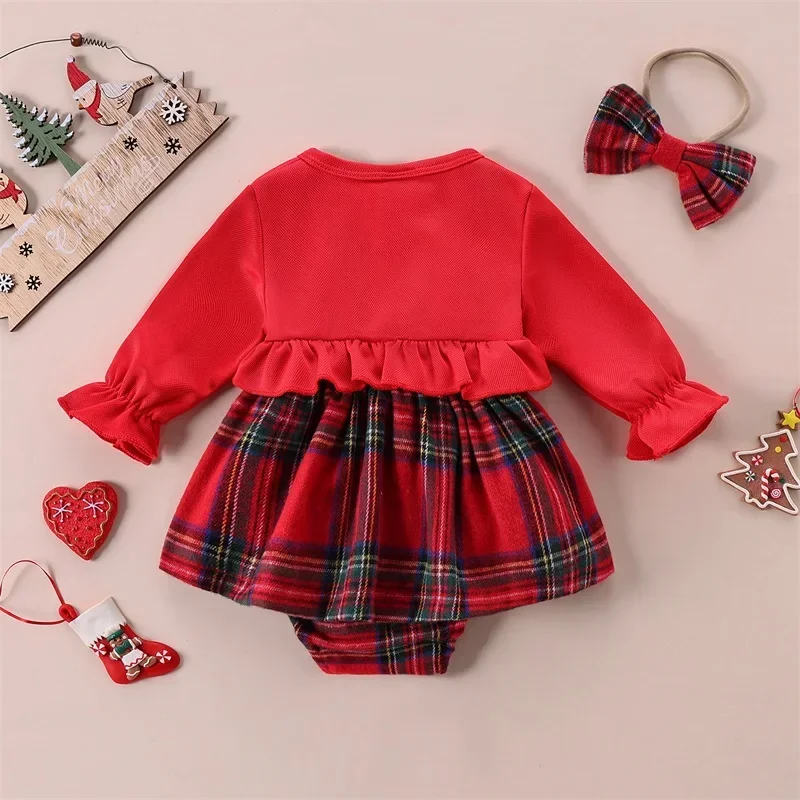 Baby Girls Romper Dress Long Sleeve Plaid Patchwork Bodysuit Clothes for Daily Party