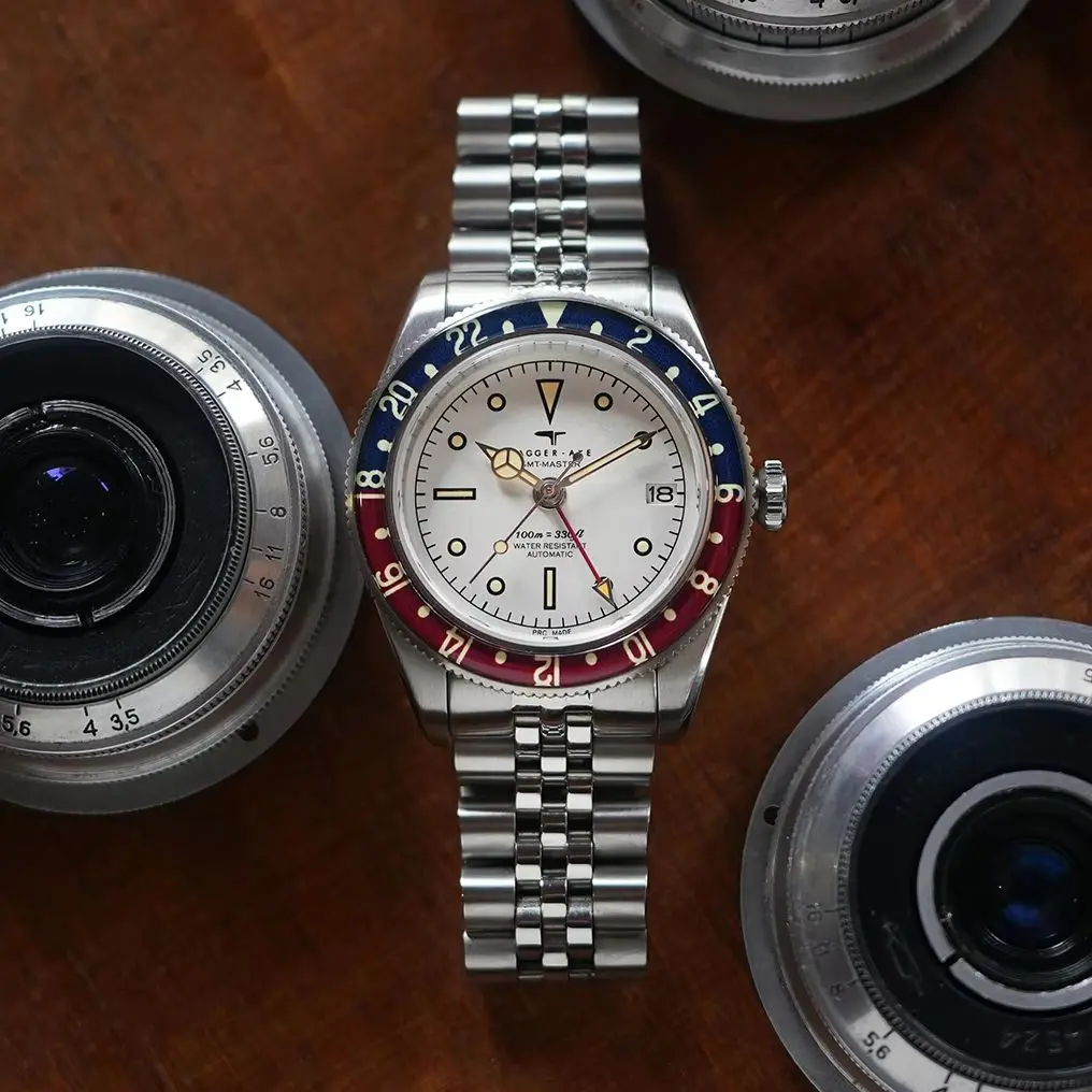 DAGGERAXE Men Automatic Watch 39mm GMT Mechanical Wristwatch 10Bar Waterproof Luminous Sapphire Mirror NH34 Cola Aluminium Bezel