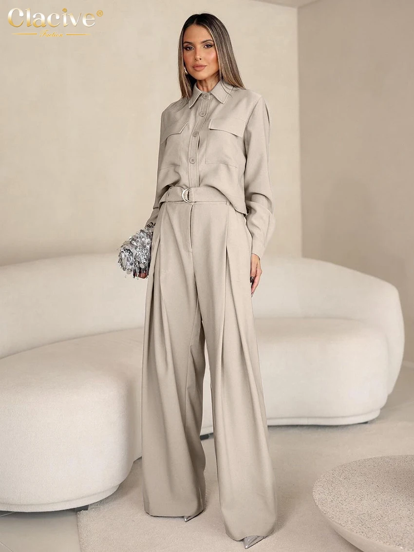 Clacive Fashion Loose Khaki Office 2 Piece Set Women Outfit 2024 Casual Long Sleeve Shirt With Hhigh Wiast Wide Pants Set Female