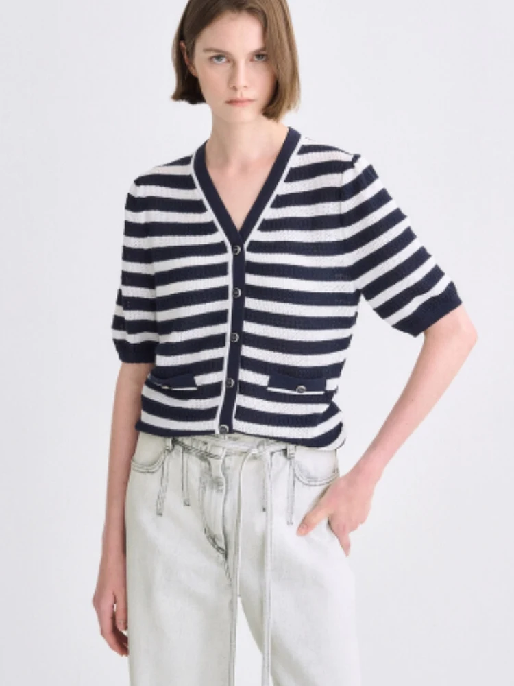 

2025 Summer New Korean Sle Casual Comfortable Slimming Stripe V-Ne Knitted Open Cardigan Women's Faion Commute Wind