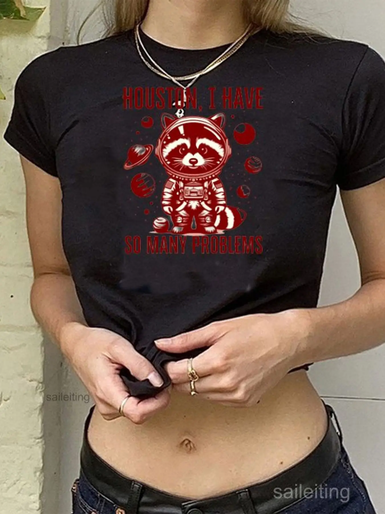 Women's White Cropped T-Shirt Funny Raccoon Astronaut Print 