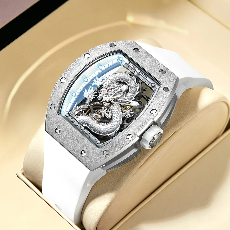 

BONEST GATTI Mens Business Automatic Mechanical Watch 3D Oriental Dragon Carving 30M Waterproof Luminous Wristwatch