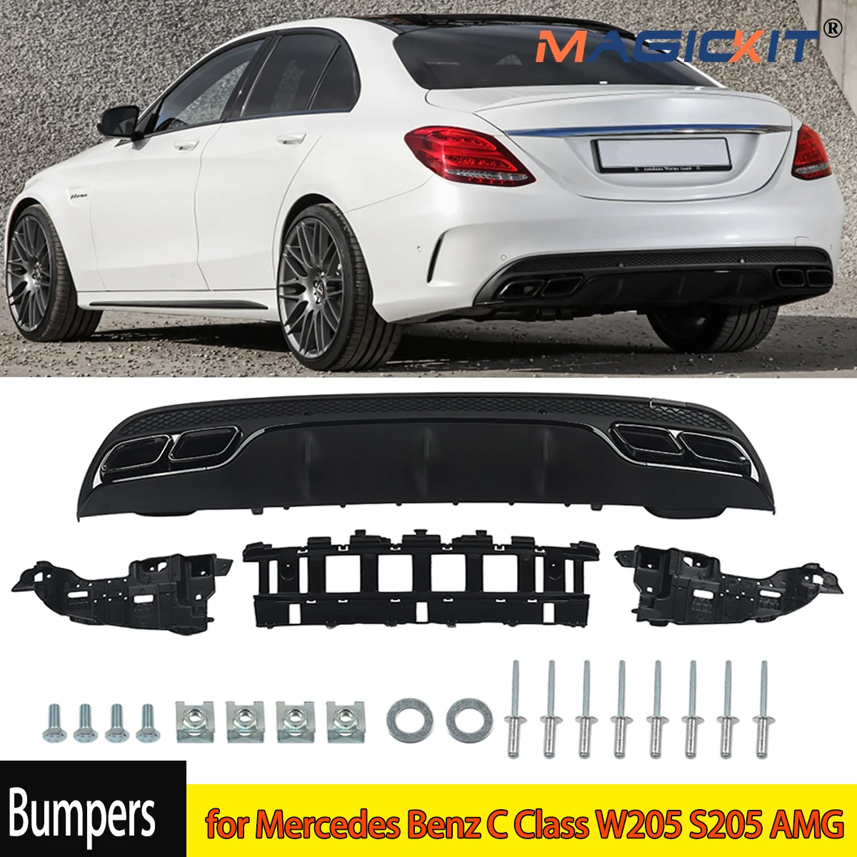 Diffuser + Exhaust Tips C63 Style for Mercedes Benz C Class W205 S205 AMG Line Rear Bumper Diffuser Lip 2015 2016 2017 2018