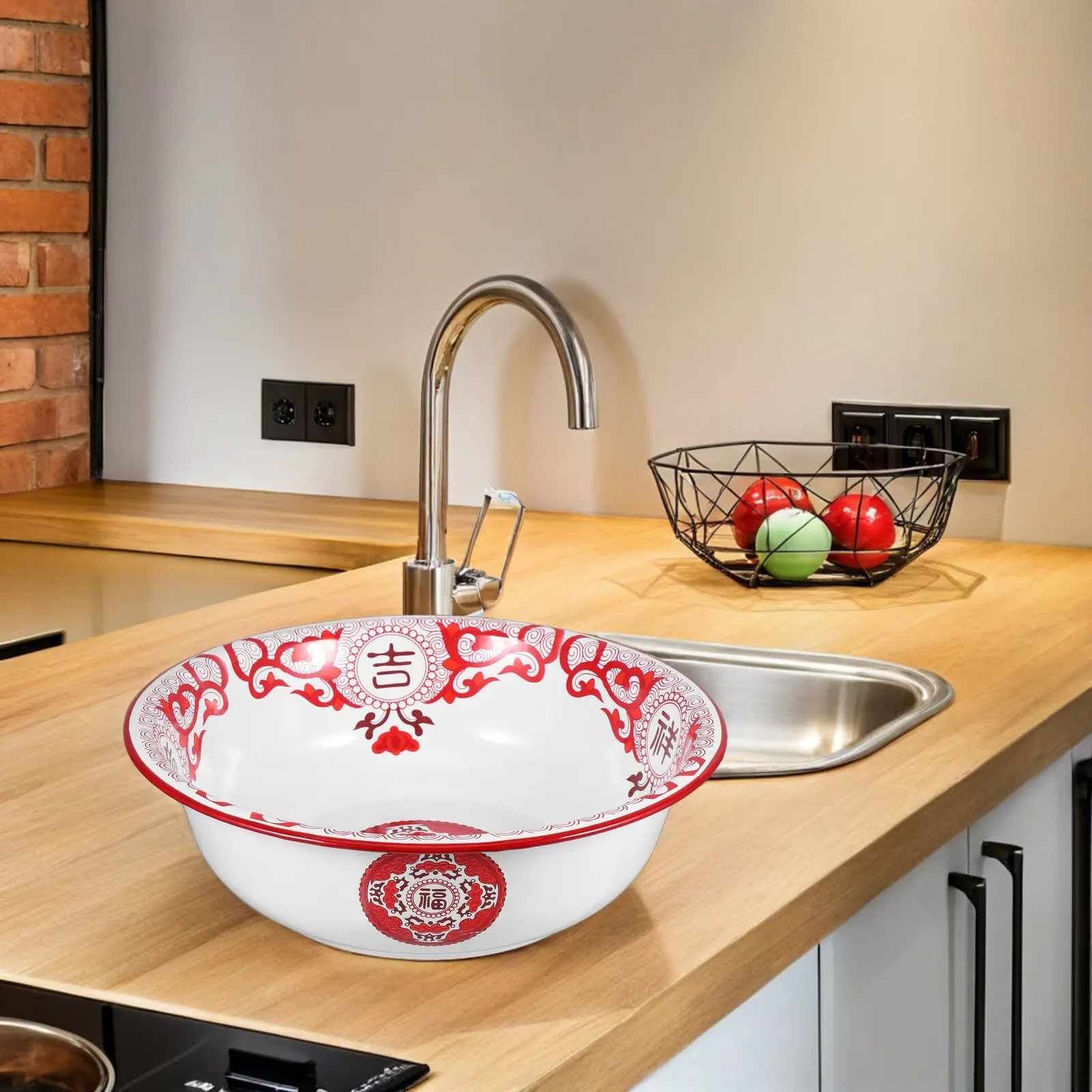 

Vintage Large Enamel Soup Basin Kitchen Bowl for Washing Vegetables Kneading Dough Serving Salad Mixing Enamelware