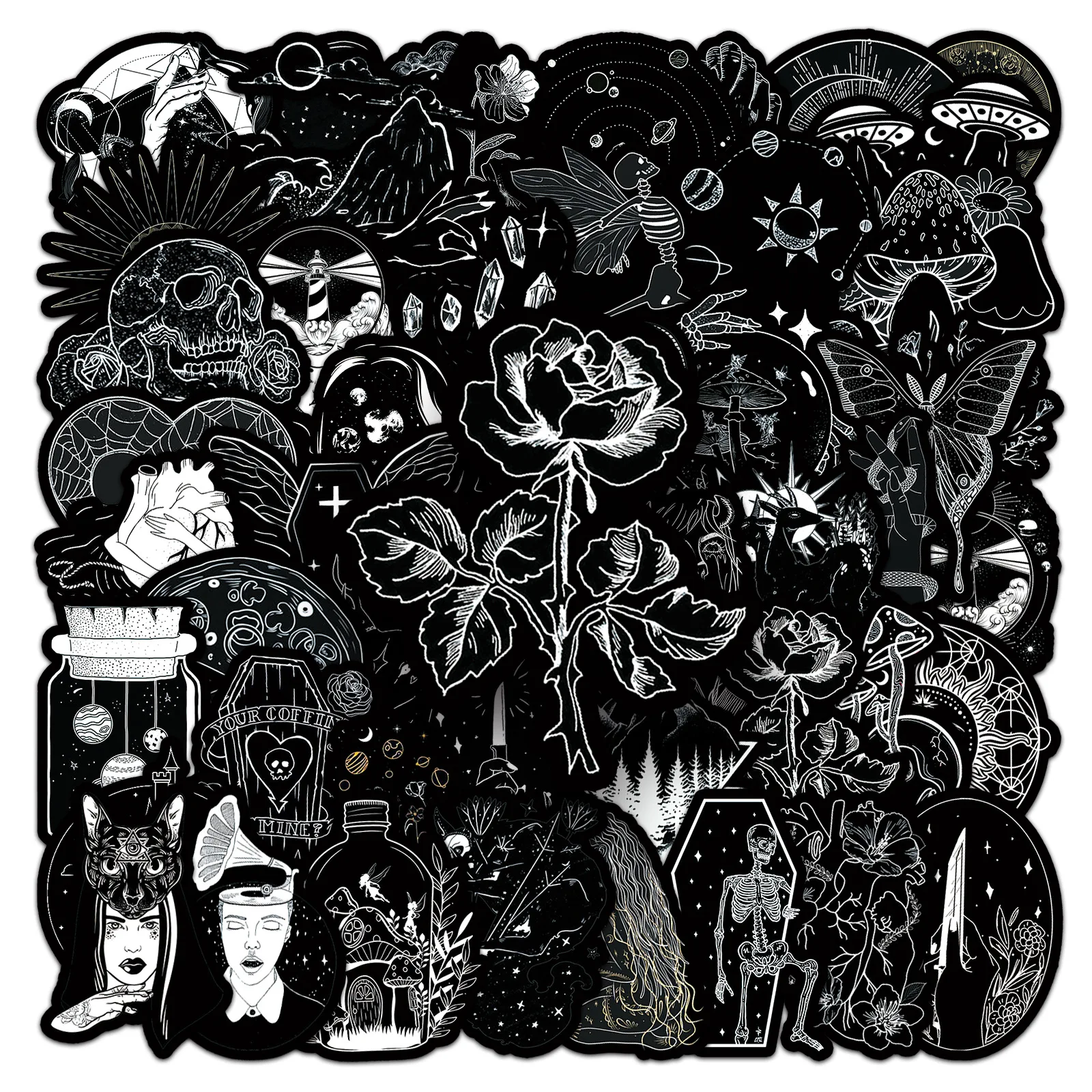 10/30/50PCS Cartoon Black And White Sticker Halloween Horror Theme DIY Toys Laptop Suitcase Skateboard Decal Graffiti Sticker
