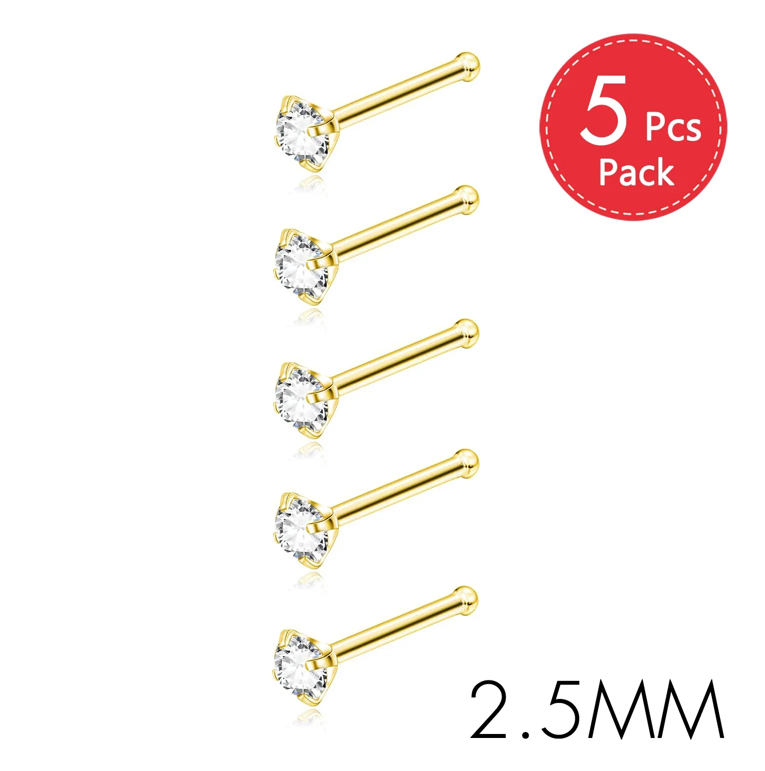 CZ Gem Stainless Steel Nose Piercing Studs, 5Pcs Set