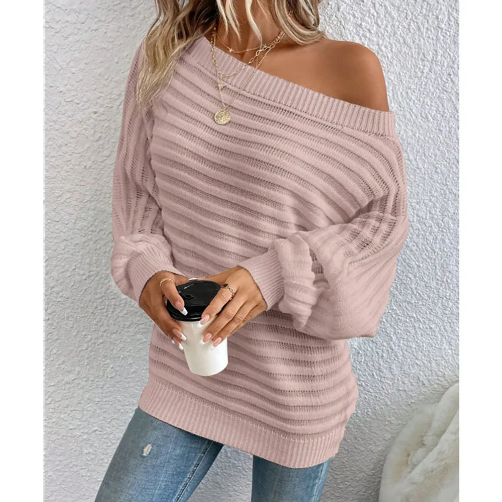 

Fashionable Elegant Knitted Top Off Shoulder Batwing Sleeves Solid Color Pullover Women Autumn Loose Casual Retro Sweater Outfit