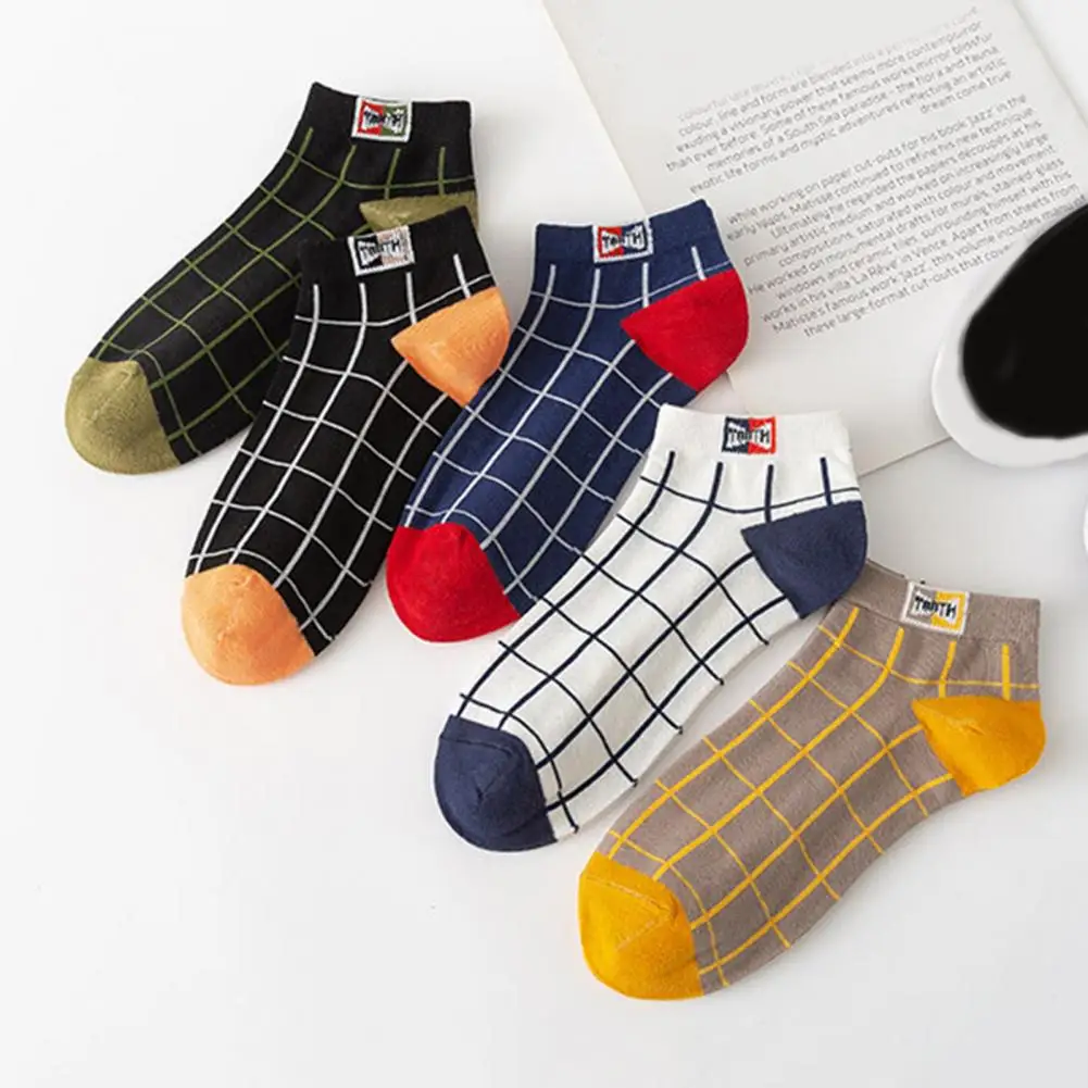 Contrast Color Socks Men's Contrast Color Low-cut Anti-slip Plaid Print Sports Socks Thick Warm High Elasticity No Odor for Men