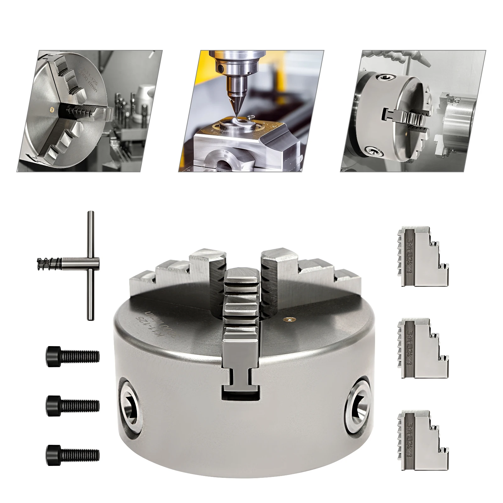 Mandrin auto-centrant à 3 mâchoires, 80mm/100mm/125mm, ensemble d'outils de mandrin de tour réglable avec clé pour le serrage, le fraisage, le perçage et le tournage