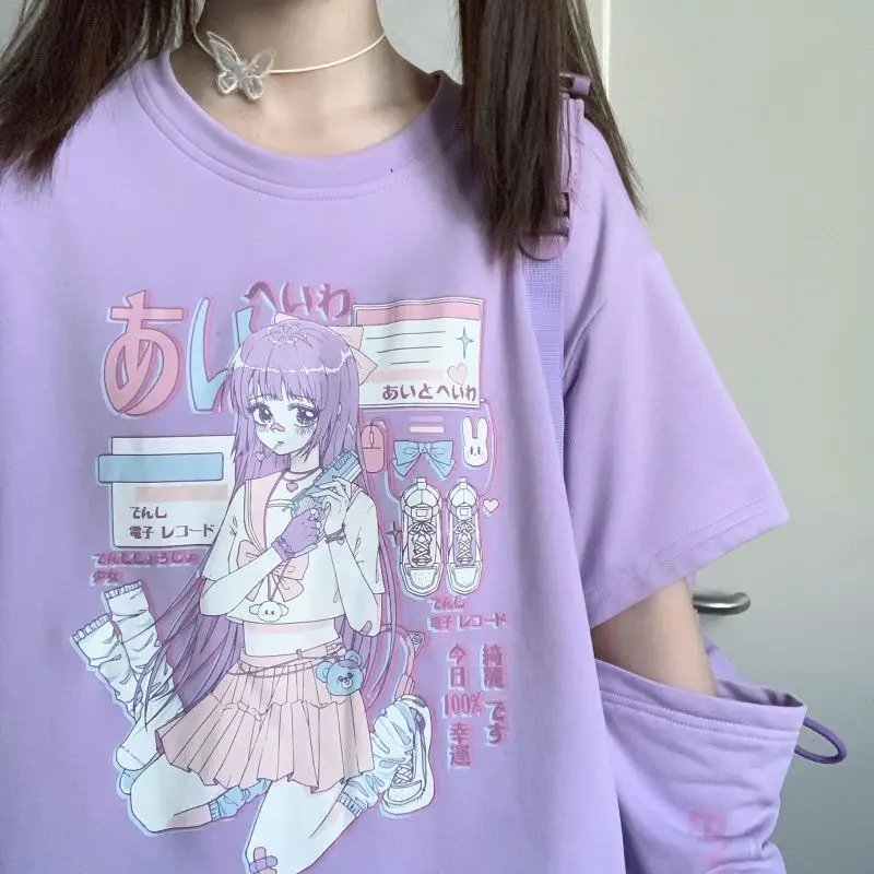 Janpanese Girl Anime Printed T-Shirt Summer Cute Splicing Y2k Tops Women Purple Clothes Two-dimensional Streetwear Kawaii Tees