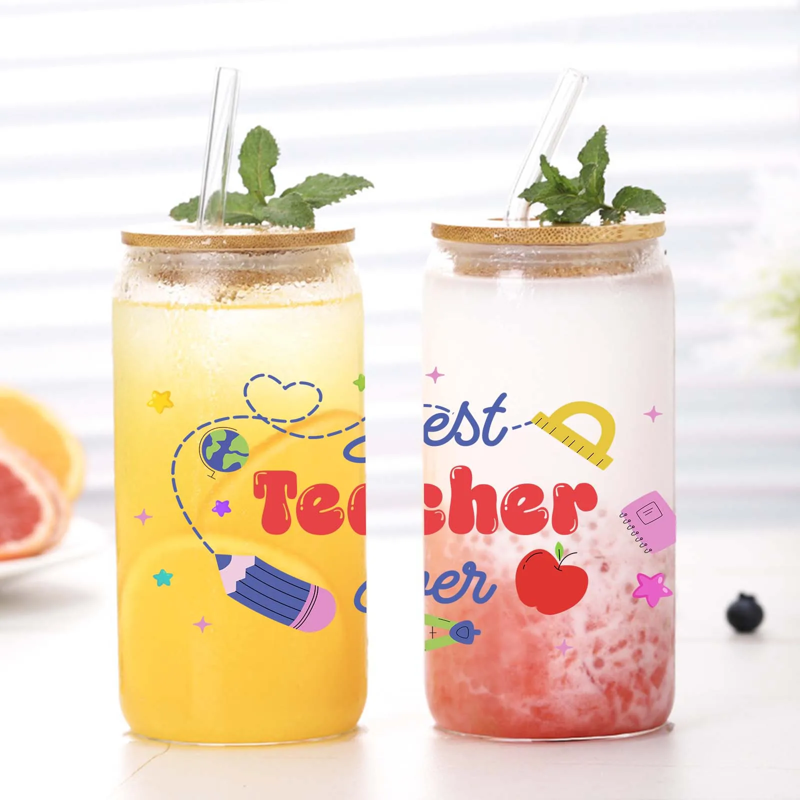 “Best Teacher Ever” 3d Pattern 16oz Glass Tumbler Mug Sublimation Glass Can With Lid&Straw Coffee Glass Mug Teacher's Day Gift