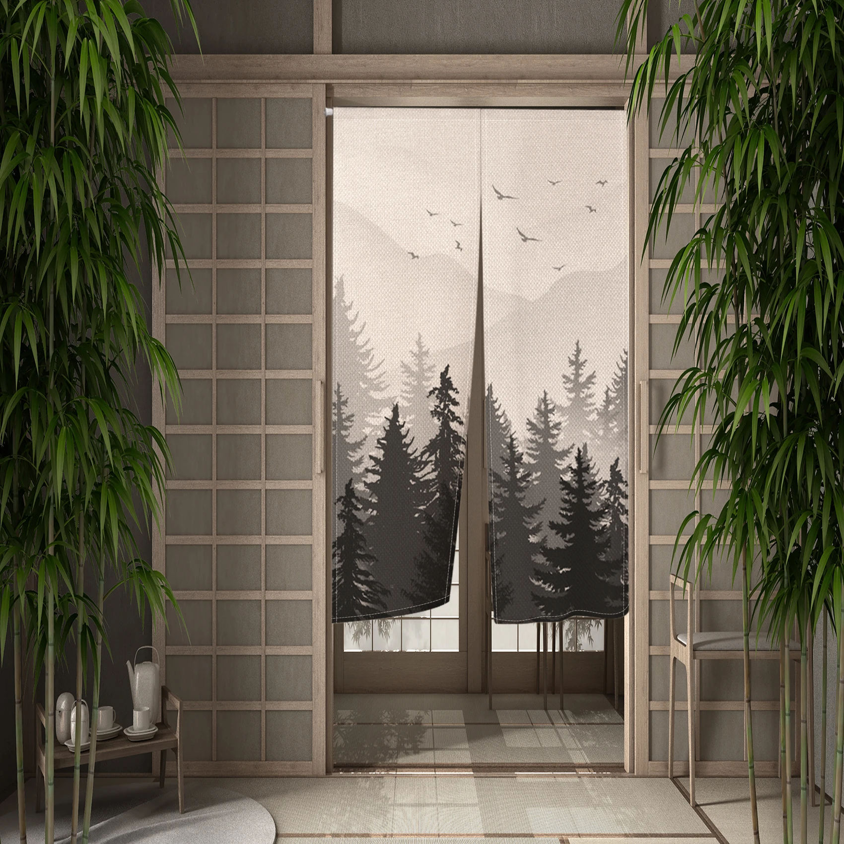 Forest Mist Mountain Door Curtain Dense Fog Pine Tree Curtains for Kitchen Partition Bedroom Noren Doorway Half Curtain Decor