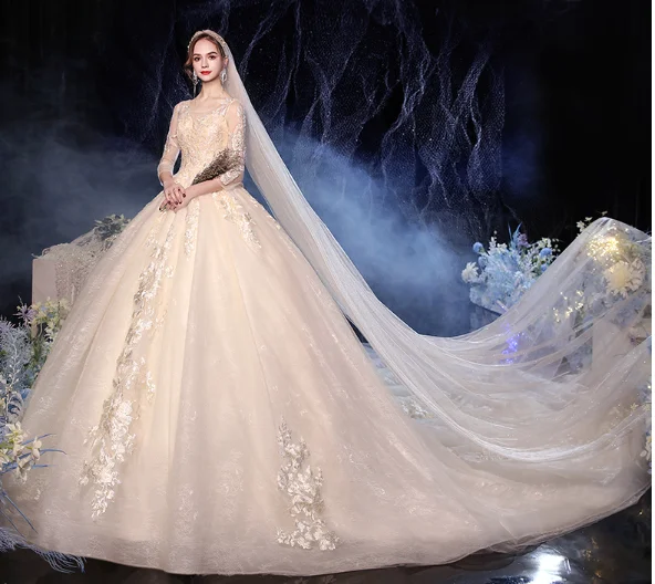 Illusion 3/4 Sleeve Champagne Lace Ball Gown Wedding Dress 3D Floral Super Long Train Corset Bridal Gown Vestido De Novia Custom