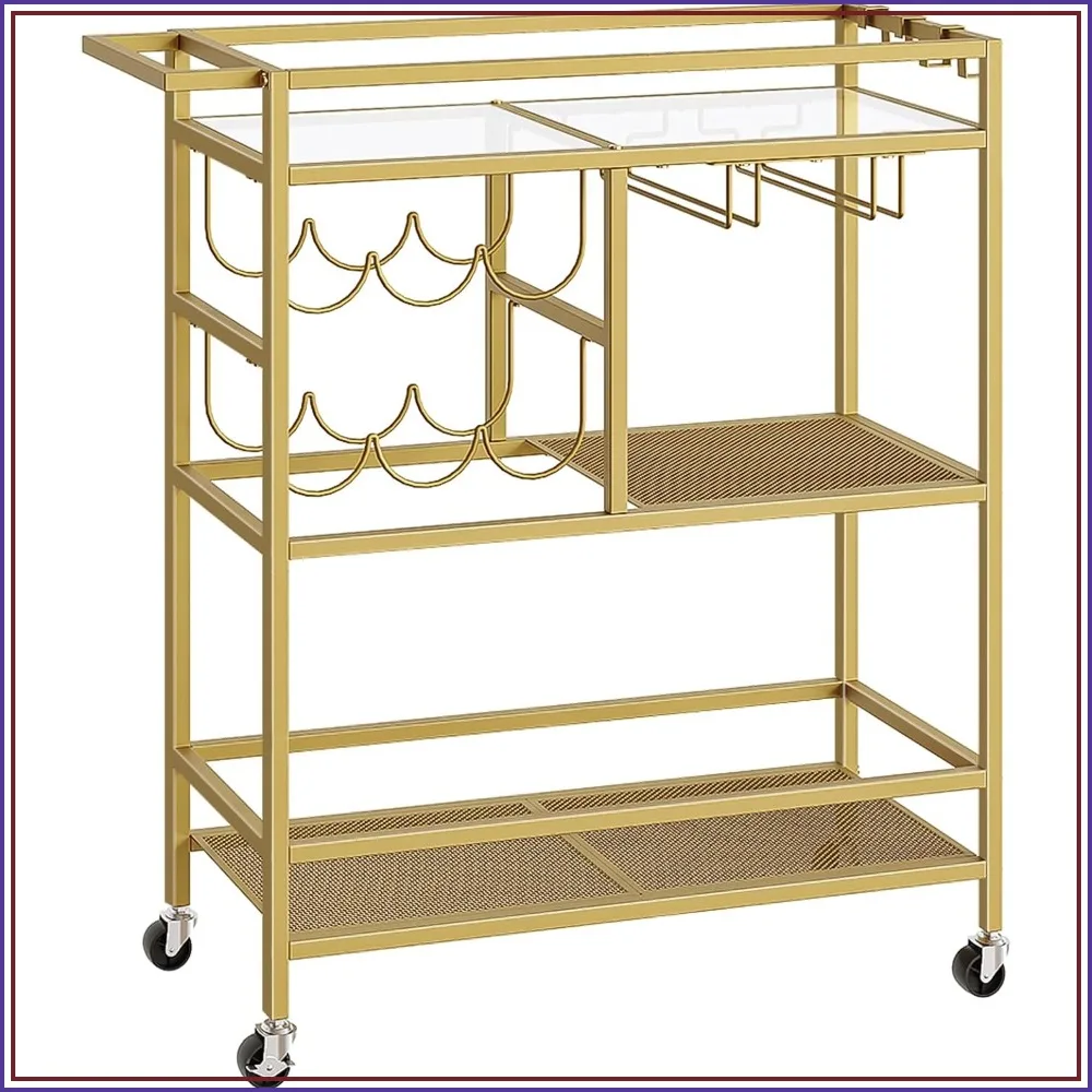 

3-Tier Bar Cart with Wheels, Wine Rack & Glass Holders, Rolling Serving Cart for Kitchen, Dining Room, Gold