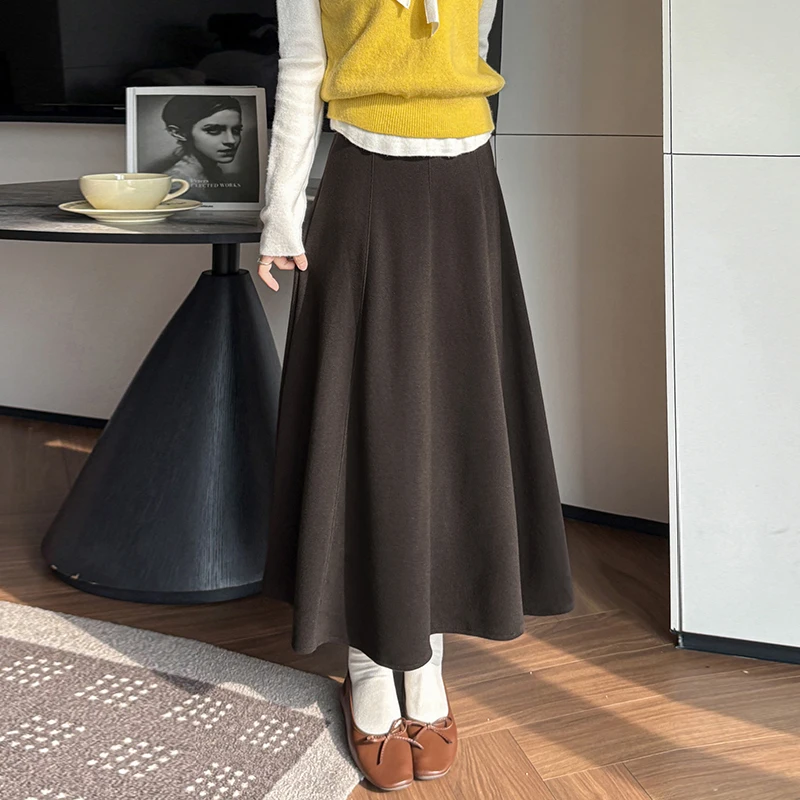  Autumn Winter Woolen Women's Umbrella Skirts 2025 New Solid High Waist Vintage Office Loose A-line Skirts Female