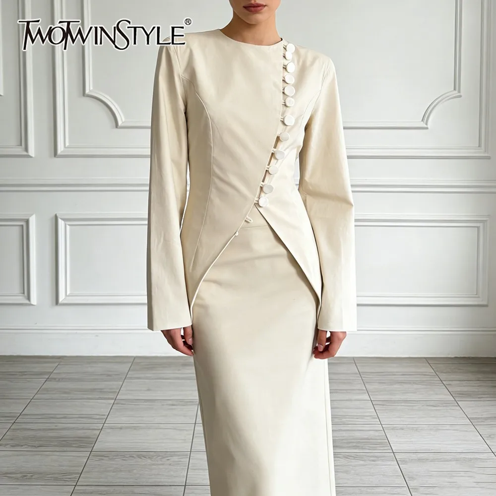 

TWOTWINSTYLE Apricot Spliced Single Breasted Jacket Female O Neck Long Sleeve Loose Elegant Literary Women's Jackets Autumn New