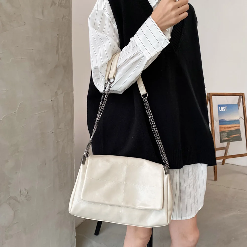 PU Leather Crossbody Bag Large Capacity Women Soft Shoulder Bag Adjustable Strap Solid Color Tote Bag Chain Strap Messenger Bag