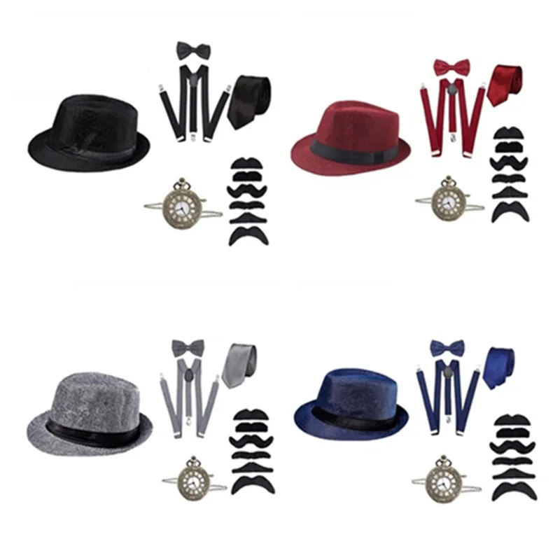 

Halloween Retro Medieval 1920s Makeup Ball Party Men Cosplay Gong Tingfeng Top Hat Pocket Watch Strap Tie Hat Set
