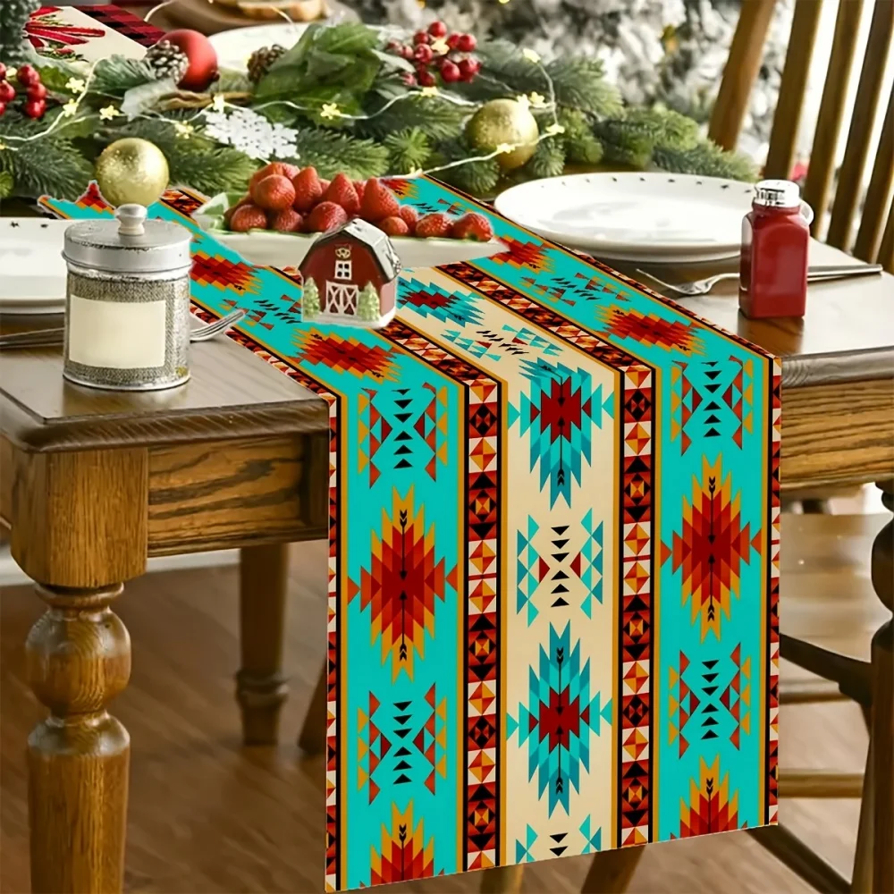 1pc Bohemian Style Table Runner - Indigenous American Tribal Pattern in Turquoise,Southwestern Style And Rustic Home Decor