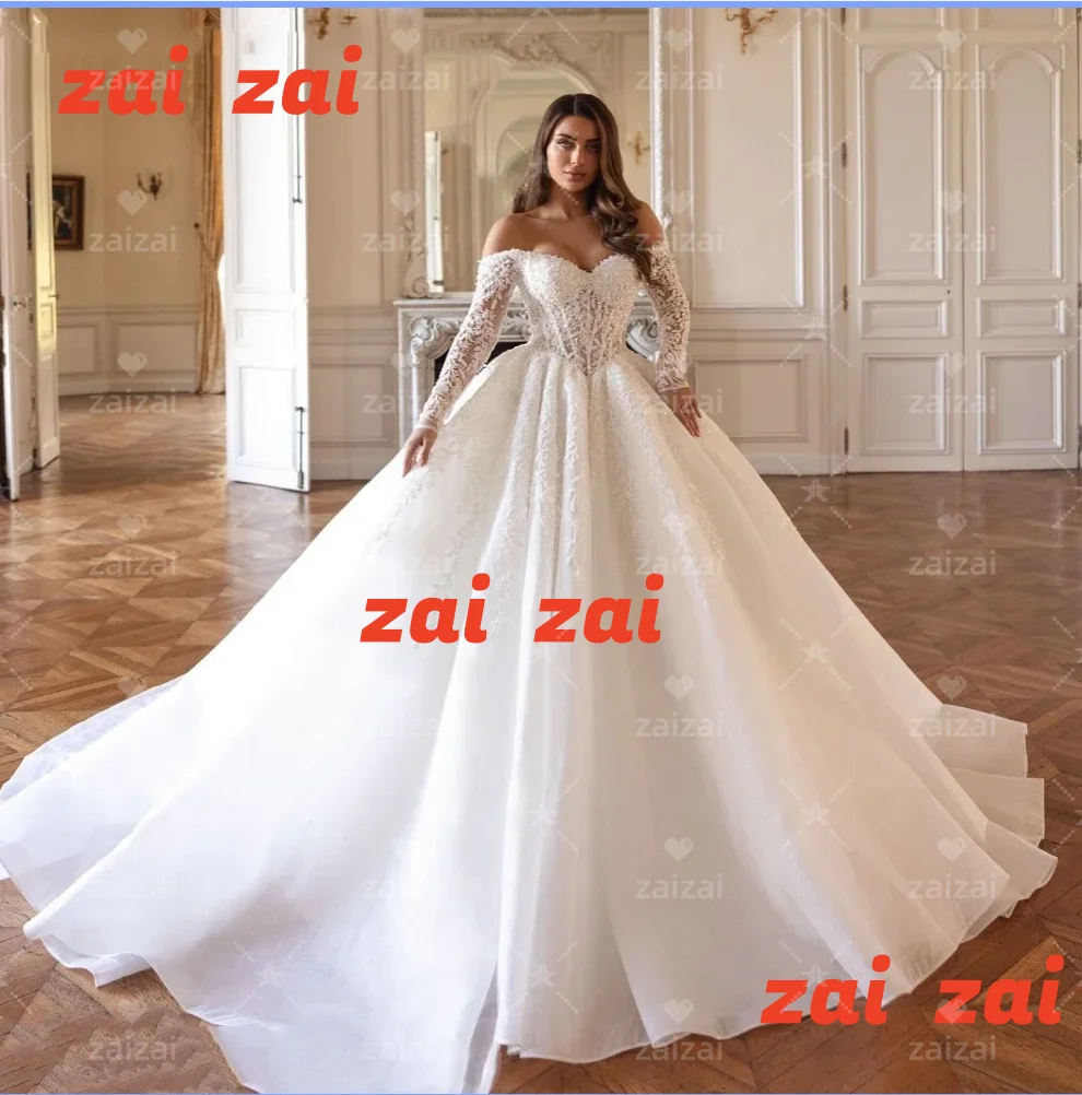 Customized  Gorgeous Sweetheart Long Sleeve Glitter Sequins Bridal Gown Ball Gown Bride Princess Bridal Gown Vestido De Novia