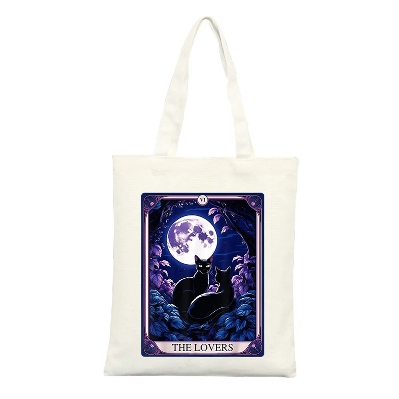 Canvas Tote Bag with Cat and Moon Tarot Card Graphic, Ideal for Casual Daily Use and Weekend Outings