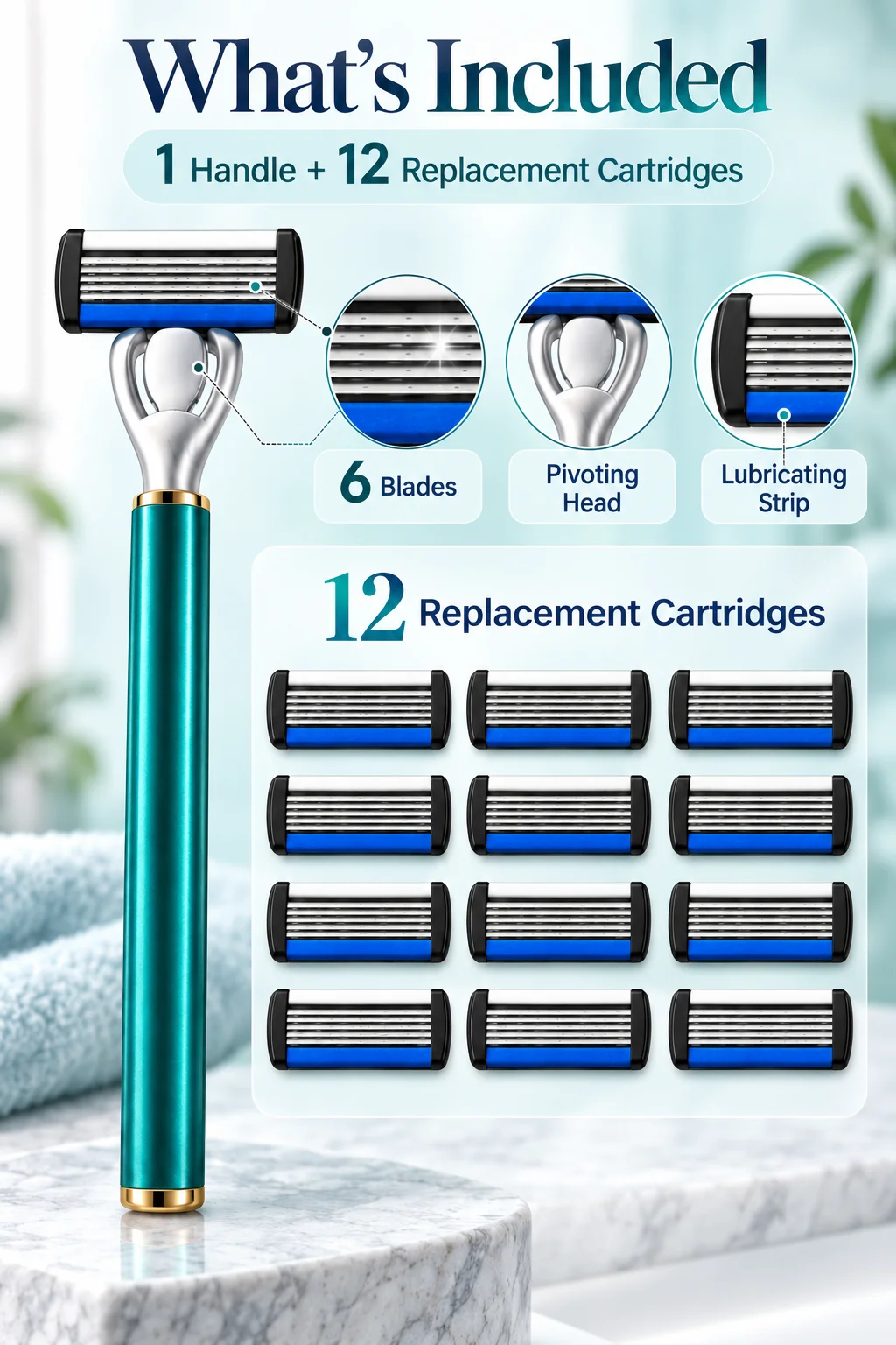 Men's 6-Blade Reusable Razor with 12 Replacement Cartridges Lubricating Strip Pivoting Head for Smooth Shave
