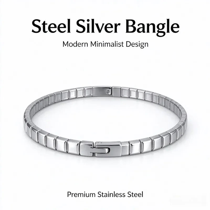 JP One Gold Color Snap-on Block Bangle Bracelet Stainless Steel Trendy Durable Women Fashion Jewelry Gift for Her Party Daily