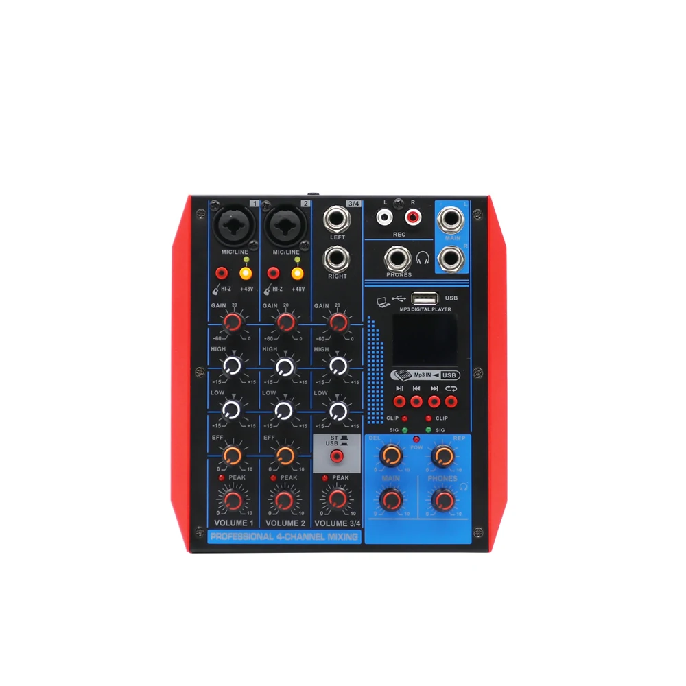 4 Channel Mini Mixing Console Digital Audio Mixer +48v /BT/USB/MP3 Music Recording DJ Live Show Karaoke