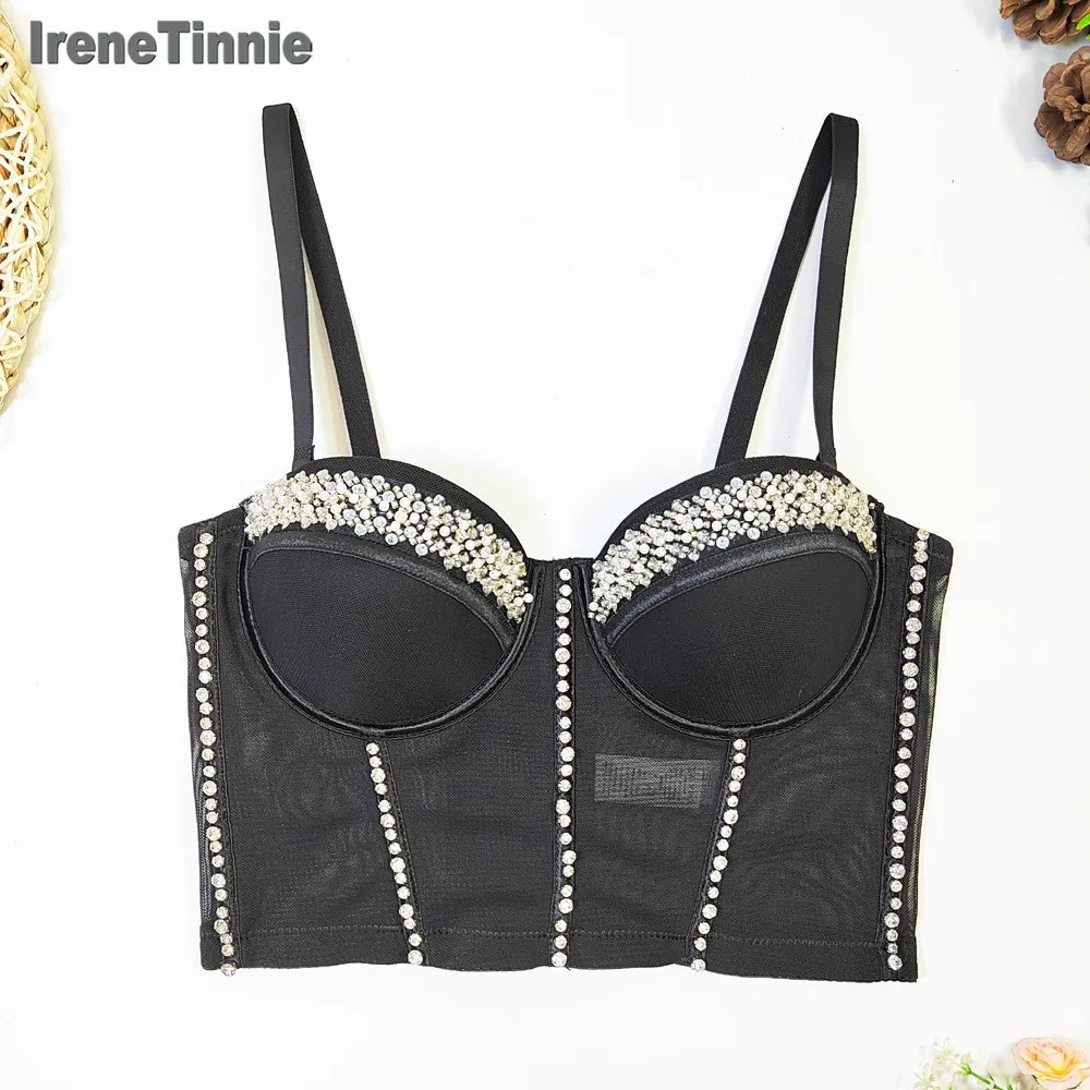 Irene Tinnie 2024 Sexy Rhinestone See Through Bustier Corset Push Up Night Club Bralette Women's New Fashion Bra Cropped Top