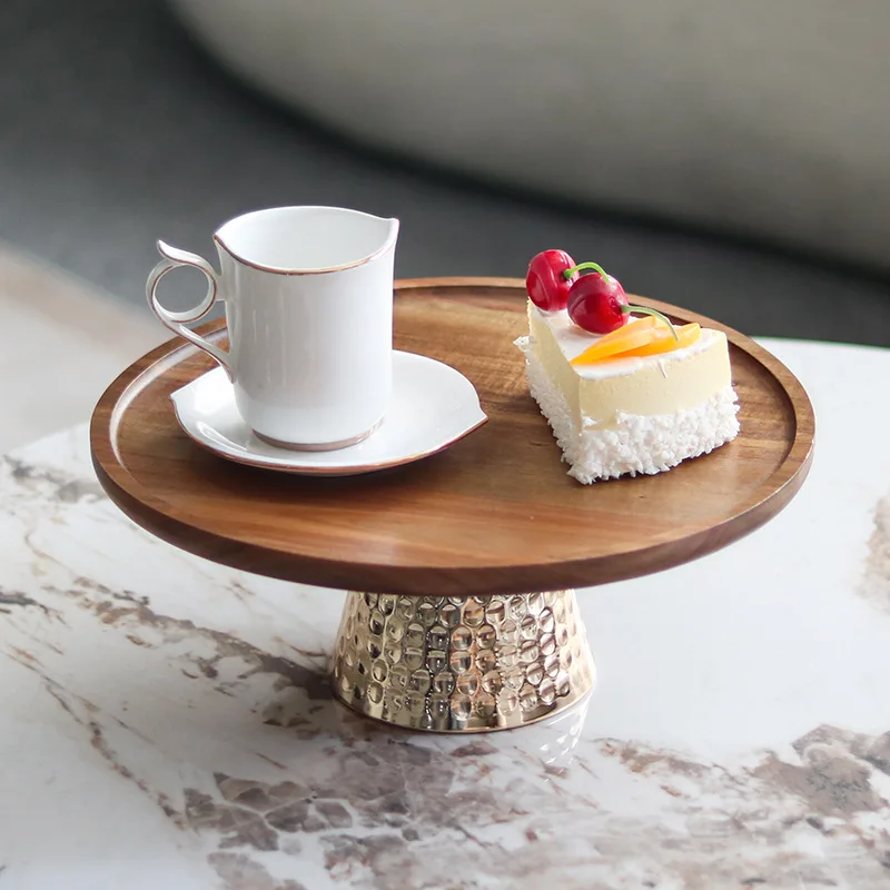 

High Foot Hammer Patterned Metal Base Tray, Wooden Circular Fruit Tray, Tableware, Cake Rack, Snack, Dessert Display Tray