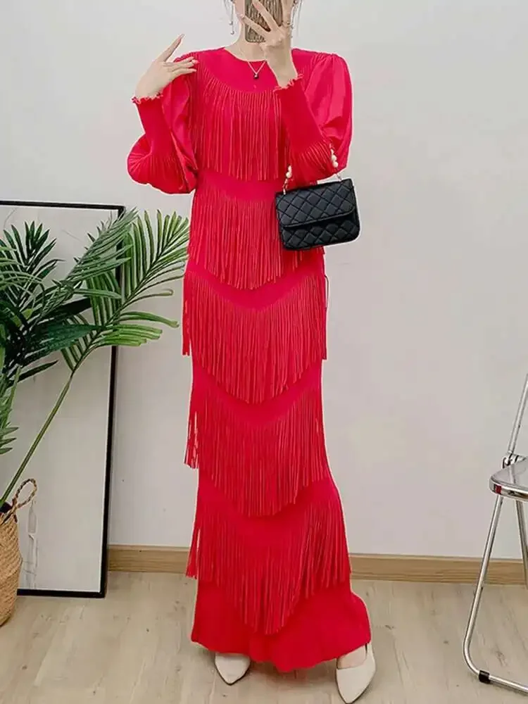 Geplooide jurk met kwastjes, dames, ronde hals, volledige mouw, chique elegante dame, 2025, zomer, nieuwe mode, casual dame, lange avondjurken