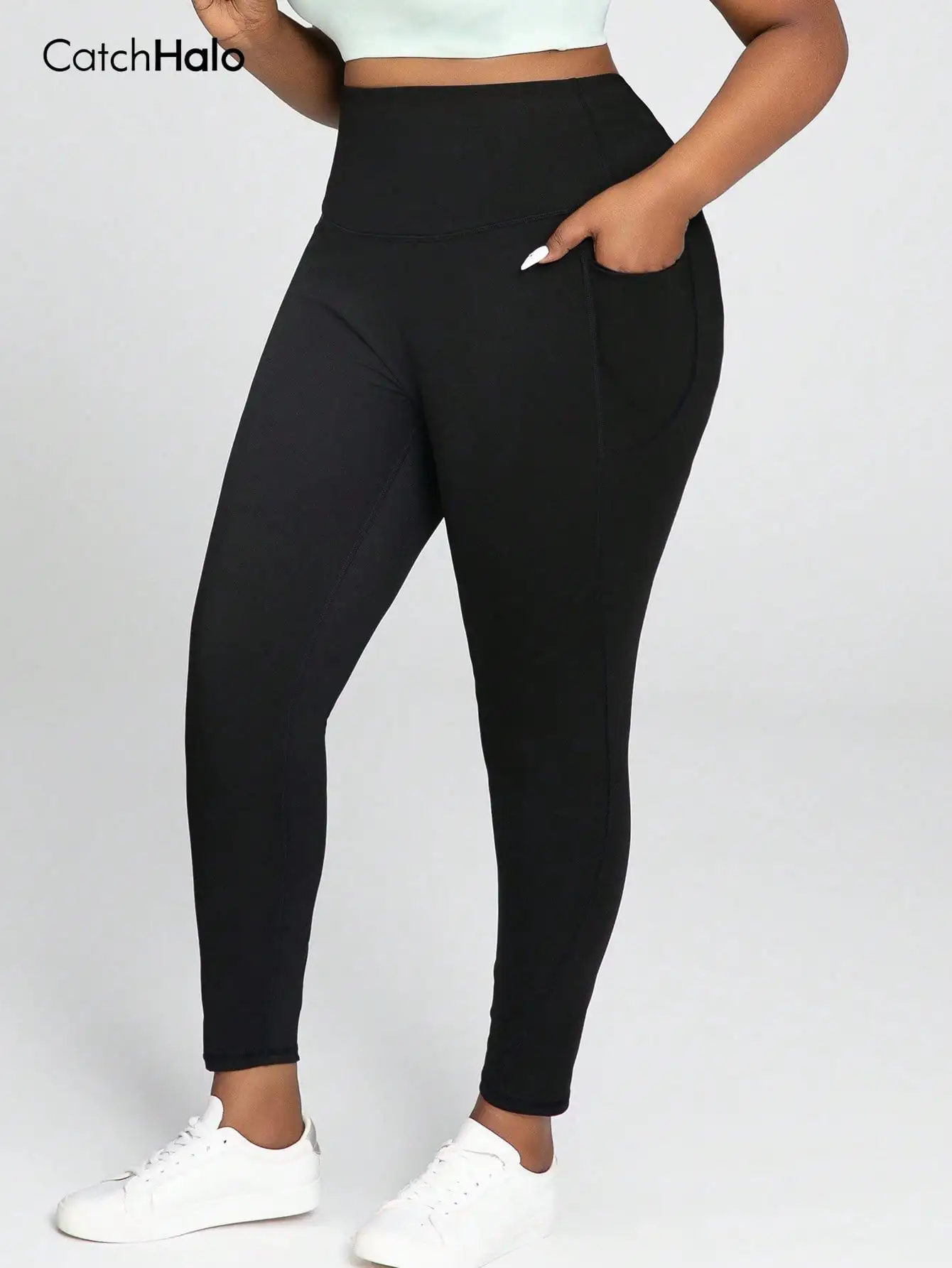 Plus Size Women Yoga Leggings With Pockets Black Compression Ultra Stretch High Waist Tummy Control Gym Workout Tights