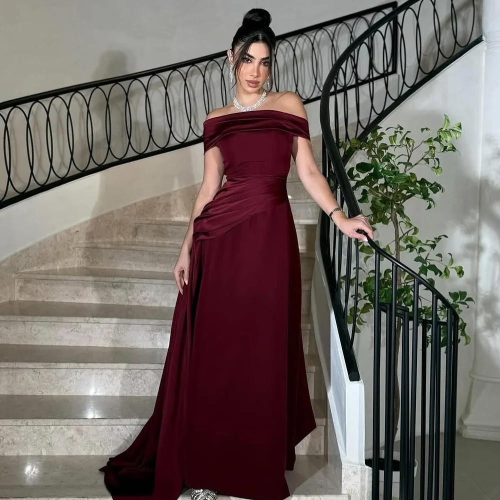 

Customized Simple Pastrol Jersey Pleat Ruched A-line Off-the-shoulder Long Dresses Bespoke Occasion Dresses Exquisite Casual