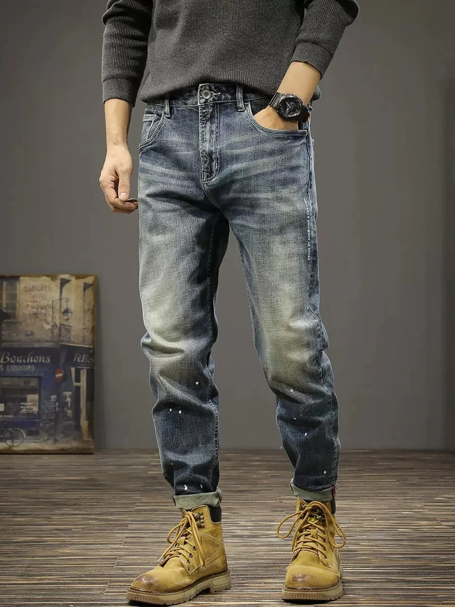 Streetwear Fashion Men Jeans Retro Blue Elastic Slim Fit Ripped Printed Jeans Men Vintage Trousers Casual Denim Pants Hombre