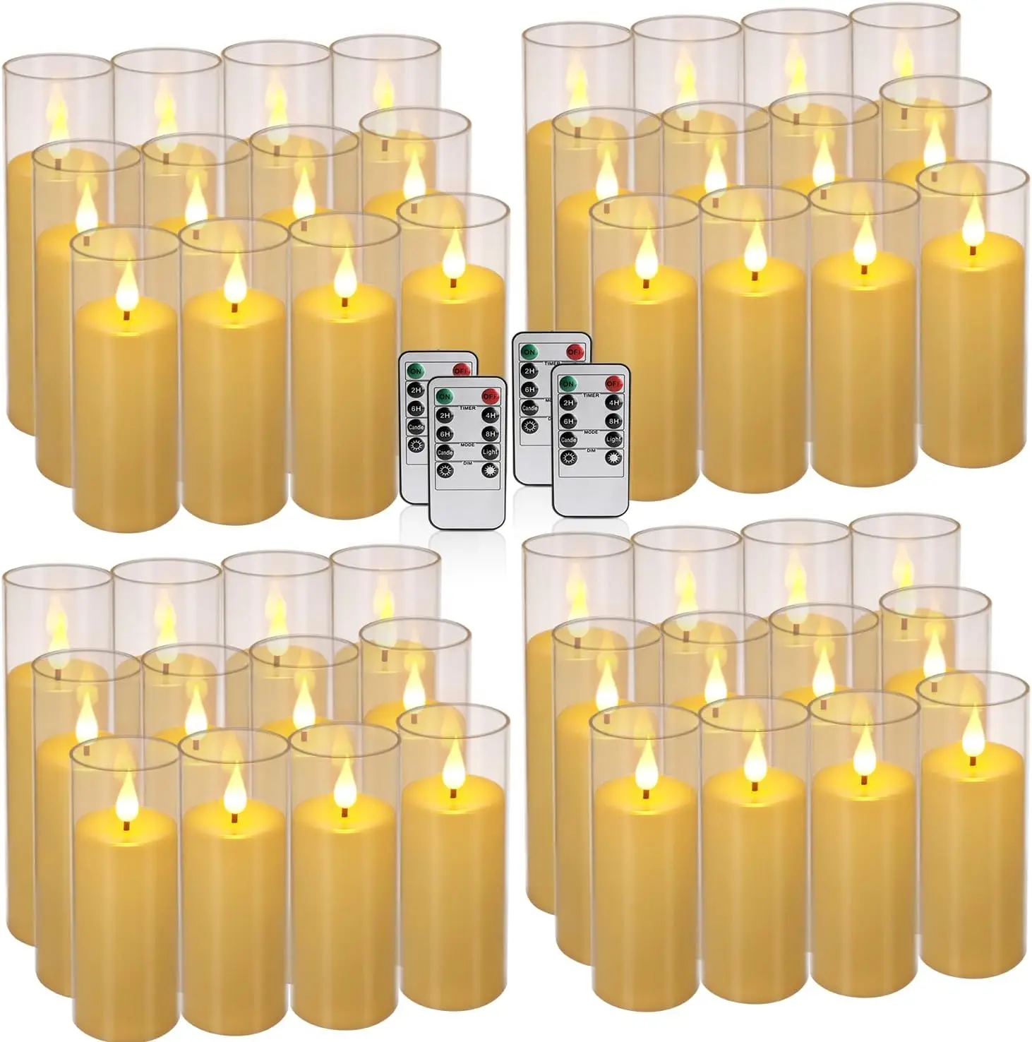 Battery Timer Remote Ivory Plexiglass LED Pillar Candles Flickering Wick Home Decor Set 48