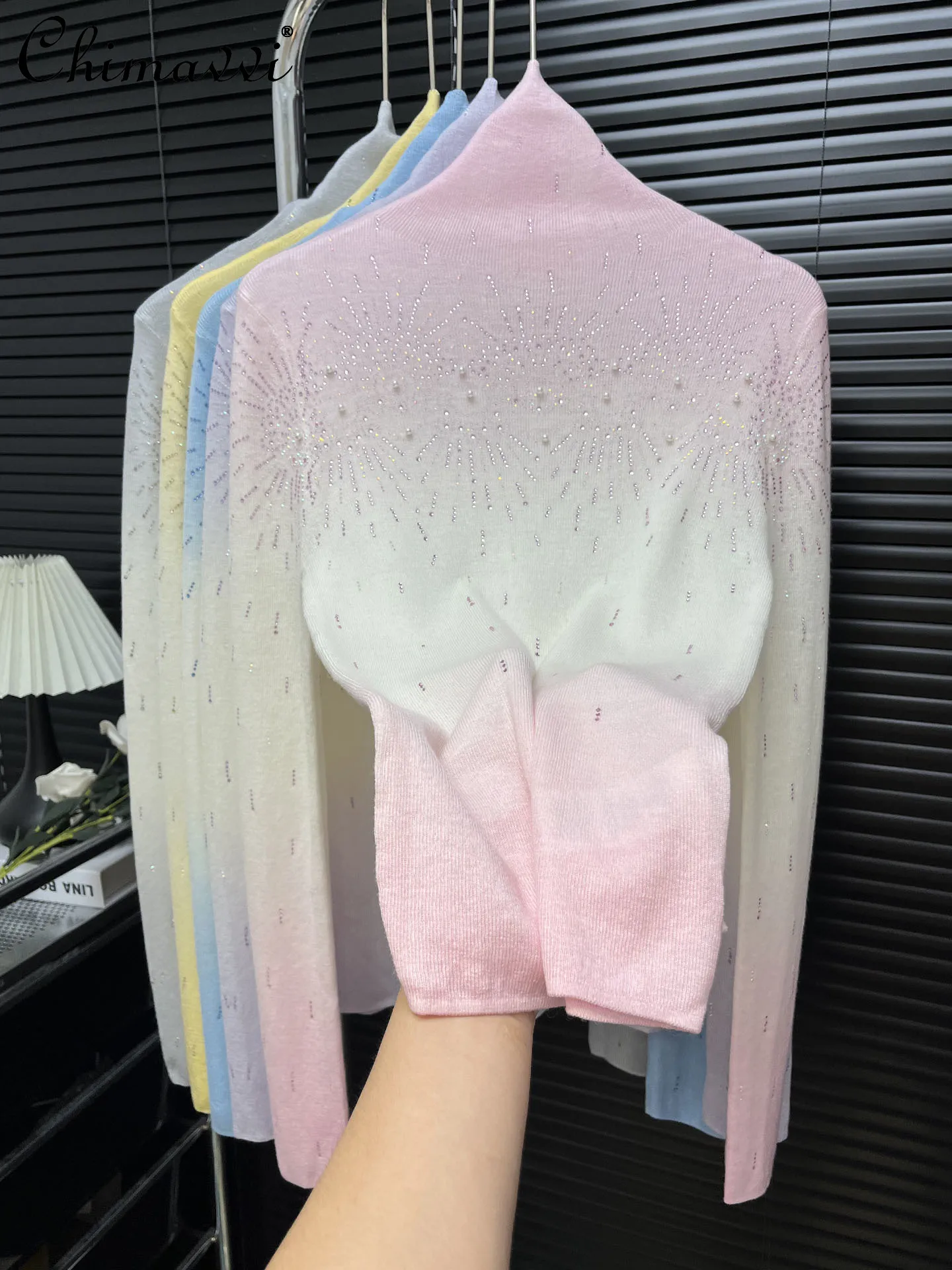 

Heavy Rhinestone Beaded Gradient High-neck Knitted Base Shirt Autumn Winter Sweet Girl High-end Long-sleeve Elegant Inner Top