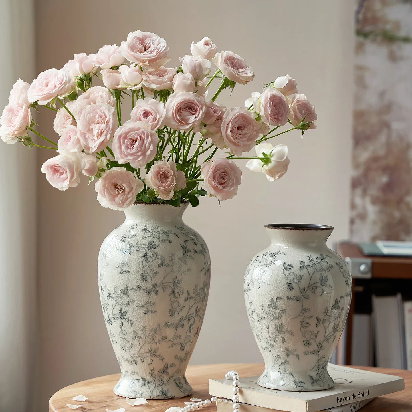 Ink Wash Floral Vase with Crackle Glaze Ceramic Vase Set Vintage Home Decor Table Centerpiece Flower Arrangement Vases Gift