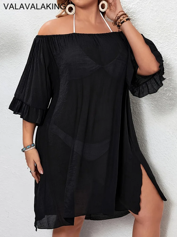 2025 Czarny damski strój kąpielowy z siateczki Plus Size Cove Up Off Shoulder Duża tunika bikini Lady Chubby Dress Brazylijskie okrycie plażowe