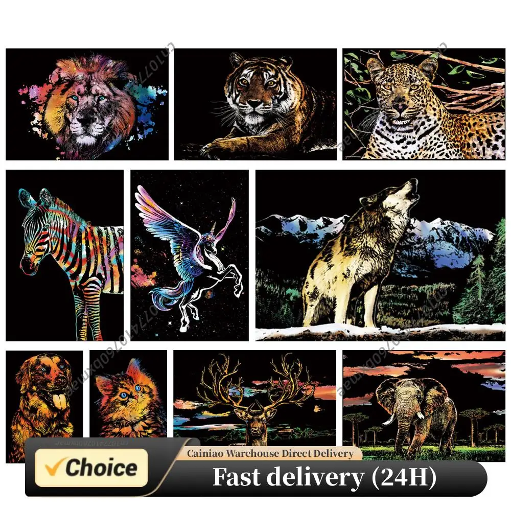 Animals Scratchboard Art 15.94x11.22 Inch with 3 Tools Rainbow Scratch Paper Foil Art for Adults Fun Creative Craft /Gifts/Decor