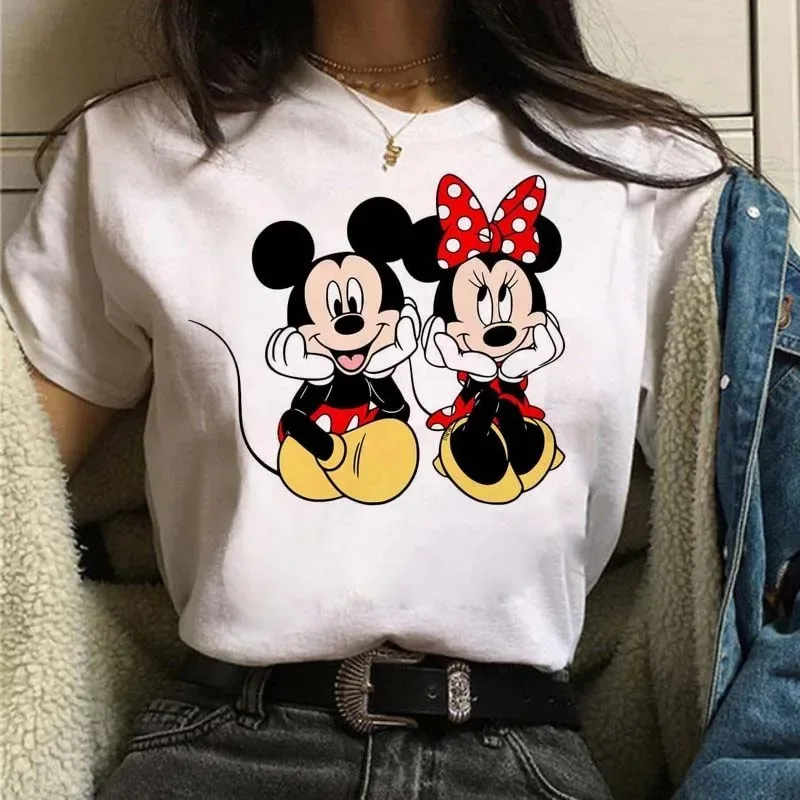 New Minnie Mouse T-shirt Kawaii Disney Parent Child T-shirt Fun Top Fashion Women's White Street Clothing Short Sleeved Clothes