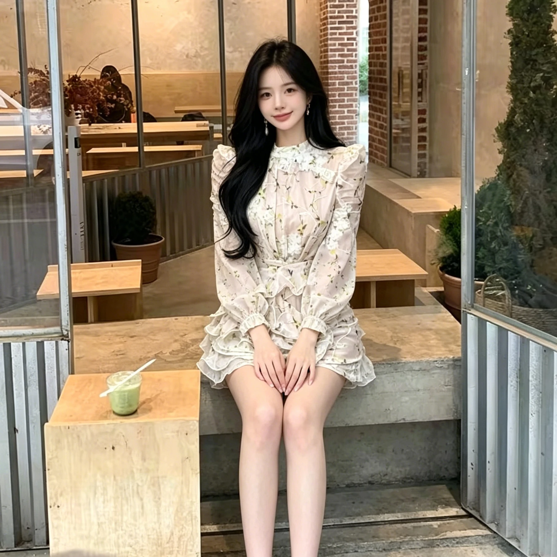 Floral Print Long Sleeve Women's Dress High Waist A-Line Skirt Sexy Pure Desire Slimming Date Bodycon Dress Commute Style