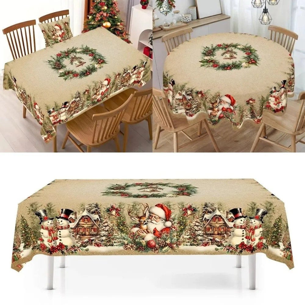 Retro Polyester Christmas Tablecloth Round/Rectangle Santa Claus Print Holiday Table Decor Xmas Tablecloth New Year Celebration