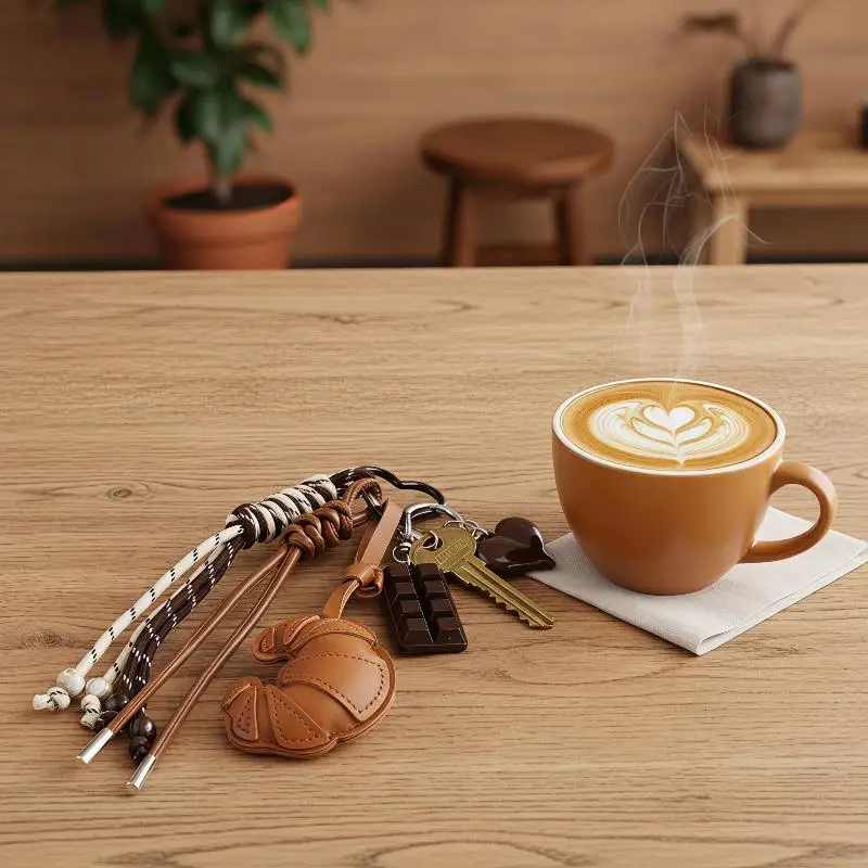 Sweet Croissant Keychain High Quality PU Leather Charm Pendant with Braided Lanyard for Key Storage Travel Bag Ornament