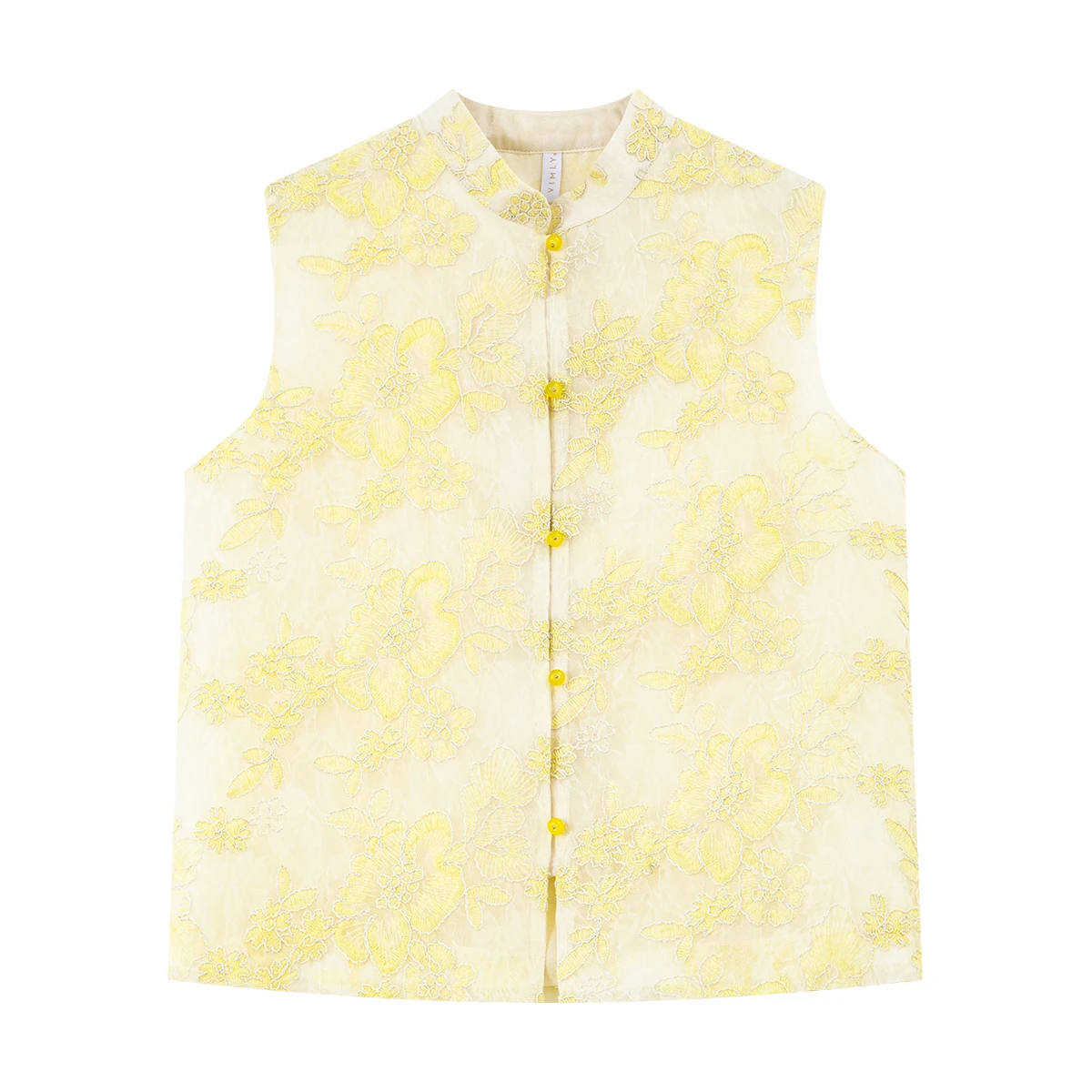 Women's Yellow Floral Embroidered Stand Collar Vest Jacket