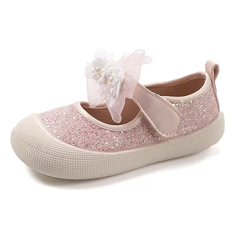 

Autumn New Children's Casual Shoes Fashion Pearl Flower Bow Girls Princess Shoes Sequin Soft Soled Baby Leather Shoes